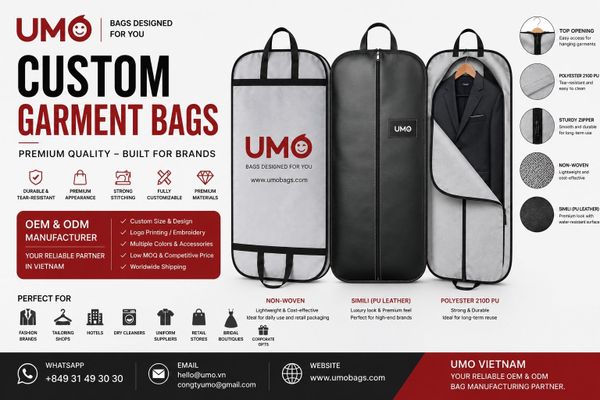Custom garment bags manufactured by UMO Vietnam in Polyester 210D PU, Non-Woven and PU Leather with OEM and ODM customization.