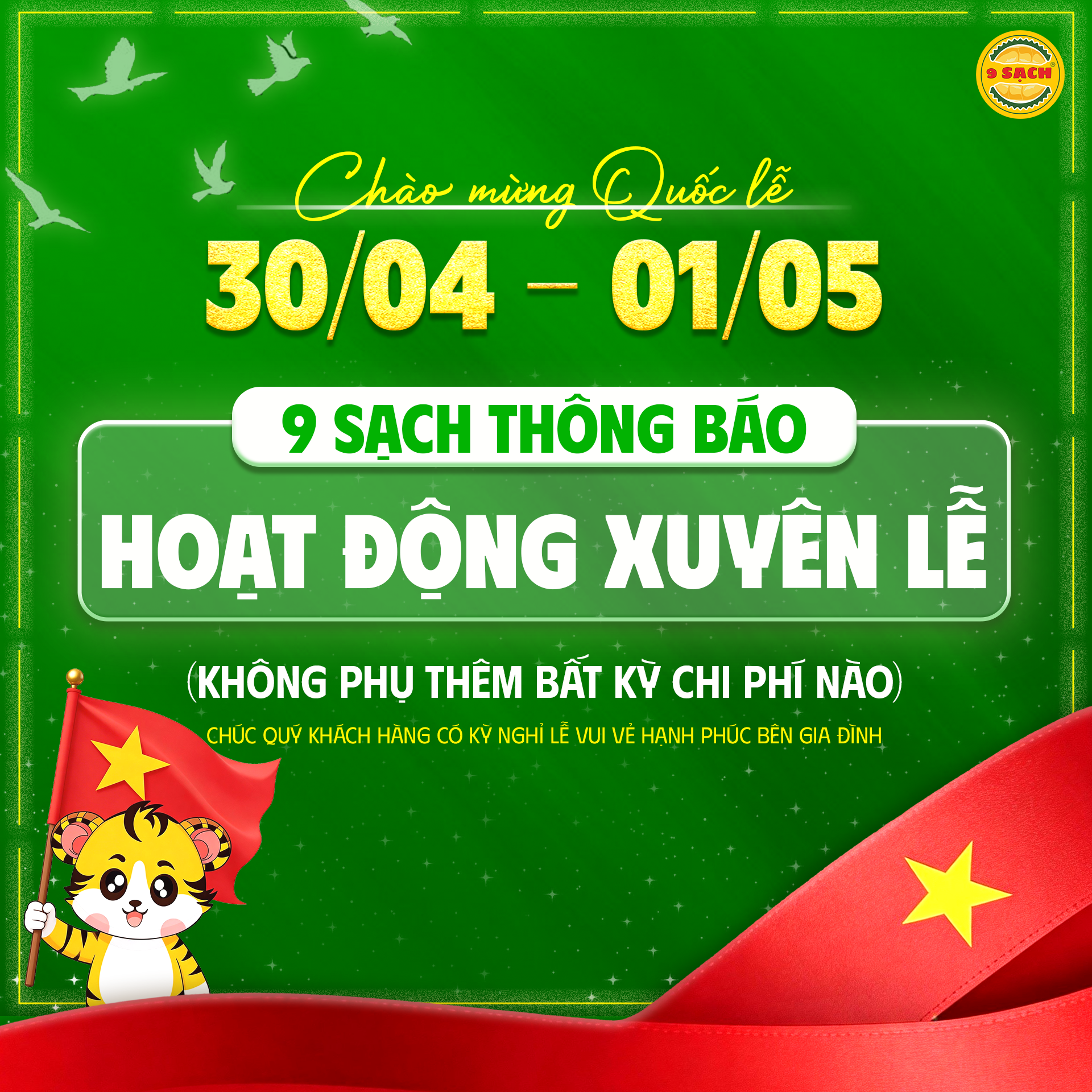 ĐẠI LỄ 30/04 – 01/05, 9 SẠCH VẪN HOẠT ĐỘNG BÌNH THƯỜNG TRÊN TOÀN QUỐC