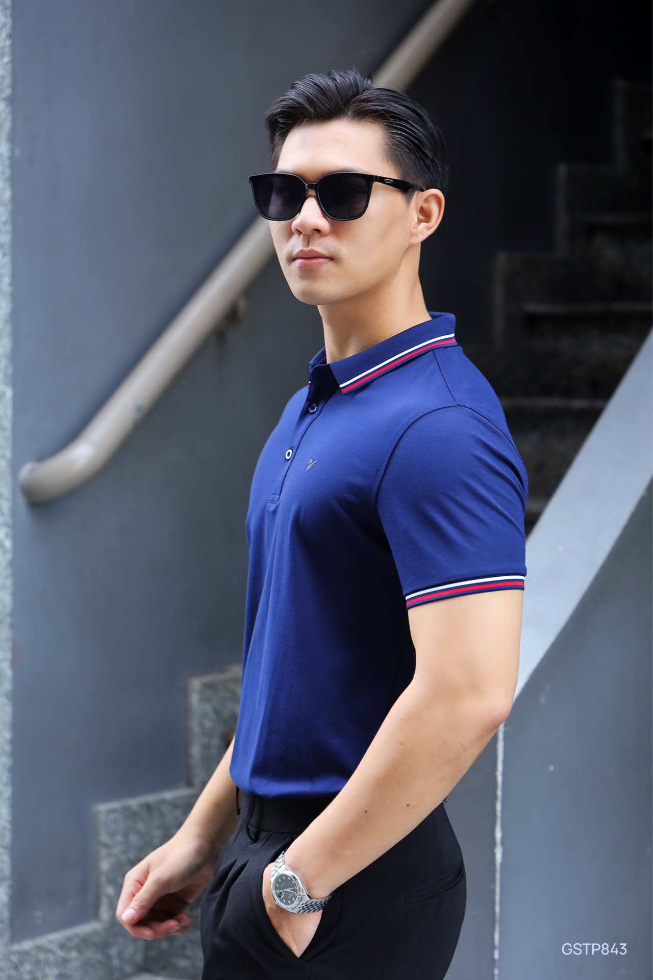 Áo polo nam trơn bo kẻ in logo Cotton Solid GSTP869 - Chi tiết 2
