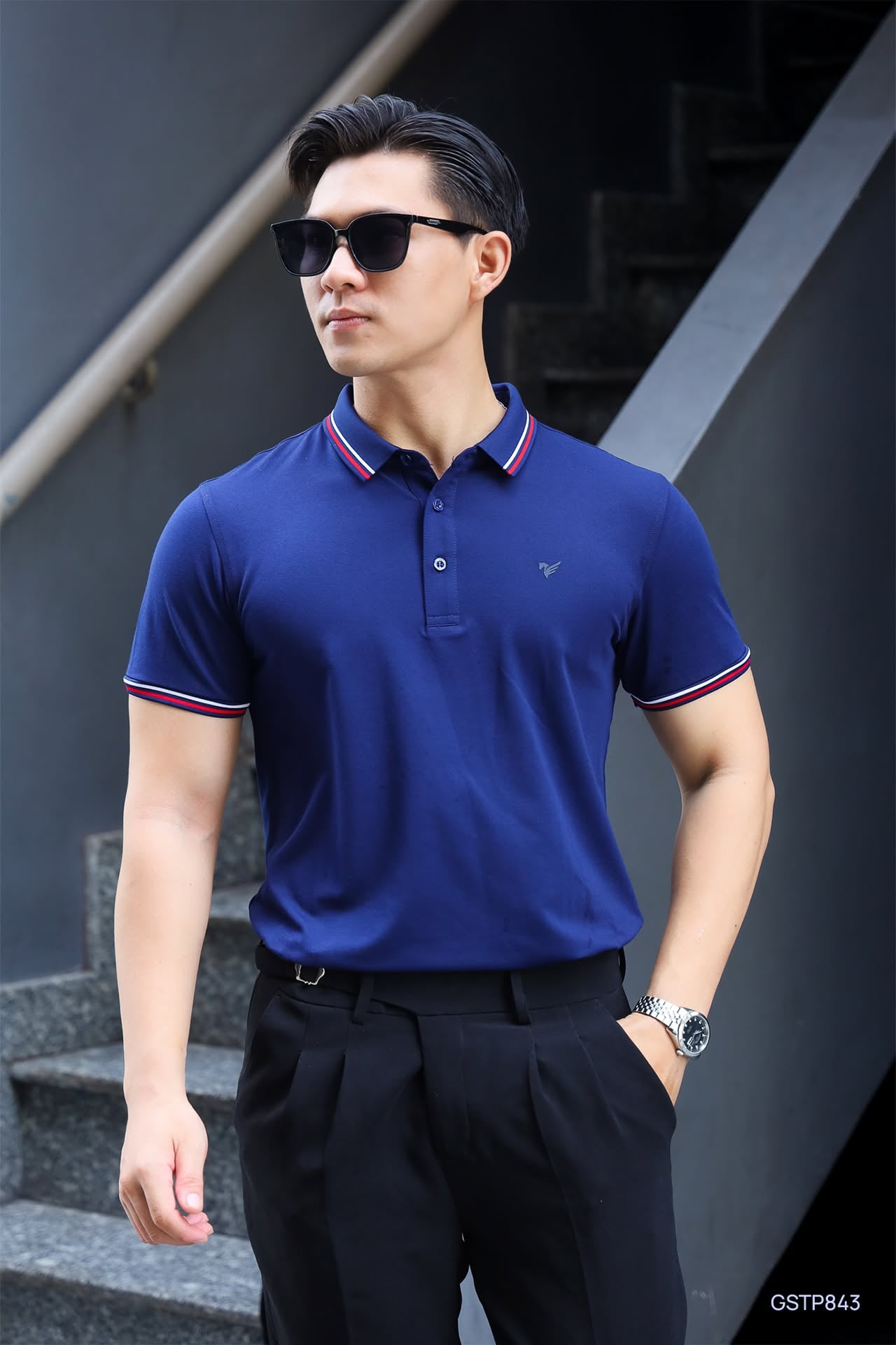 Áo polo nam trơn bo kẻ in logo Cotton Solid GSTP869 - Chi tiết 1