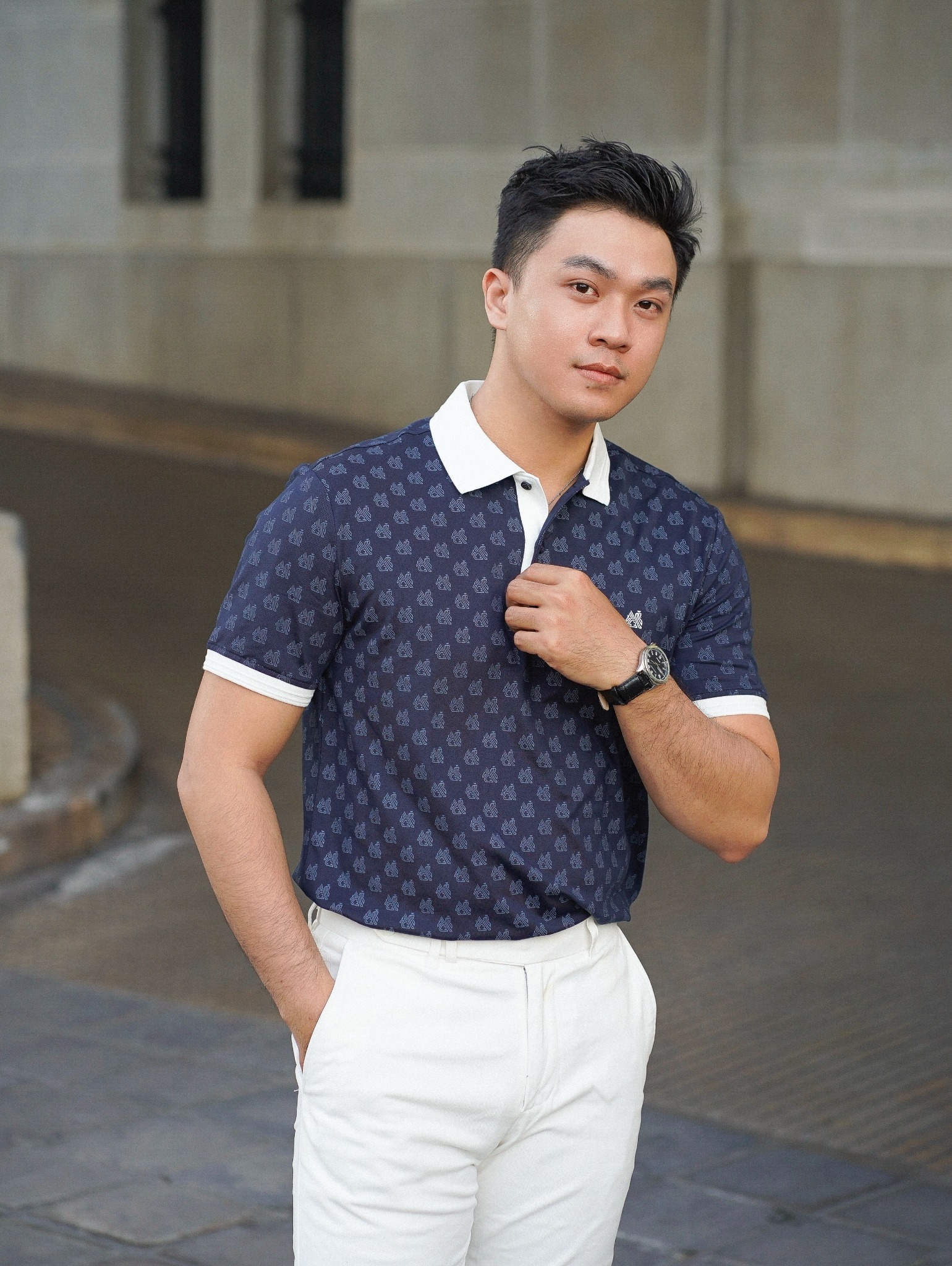 Áo polo nam monogram in tràn Pique Cotton GSTP051 - Chi tiết 1