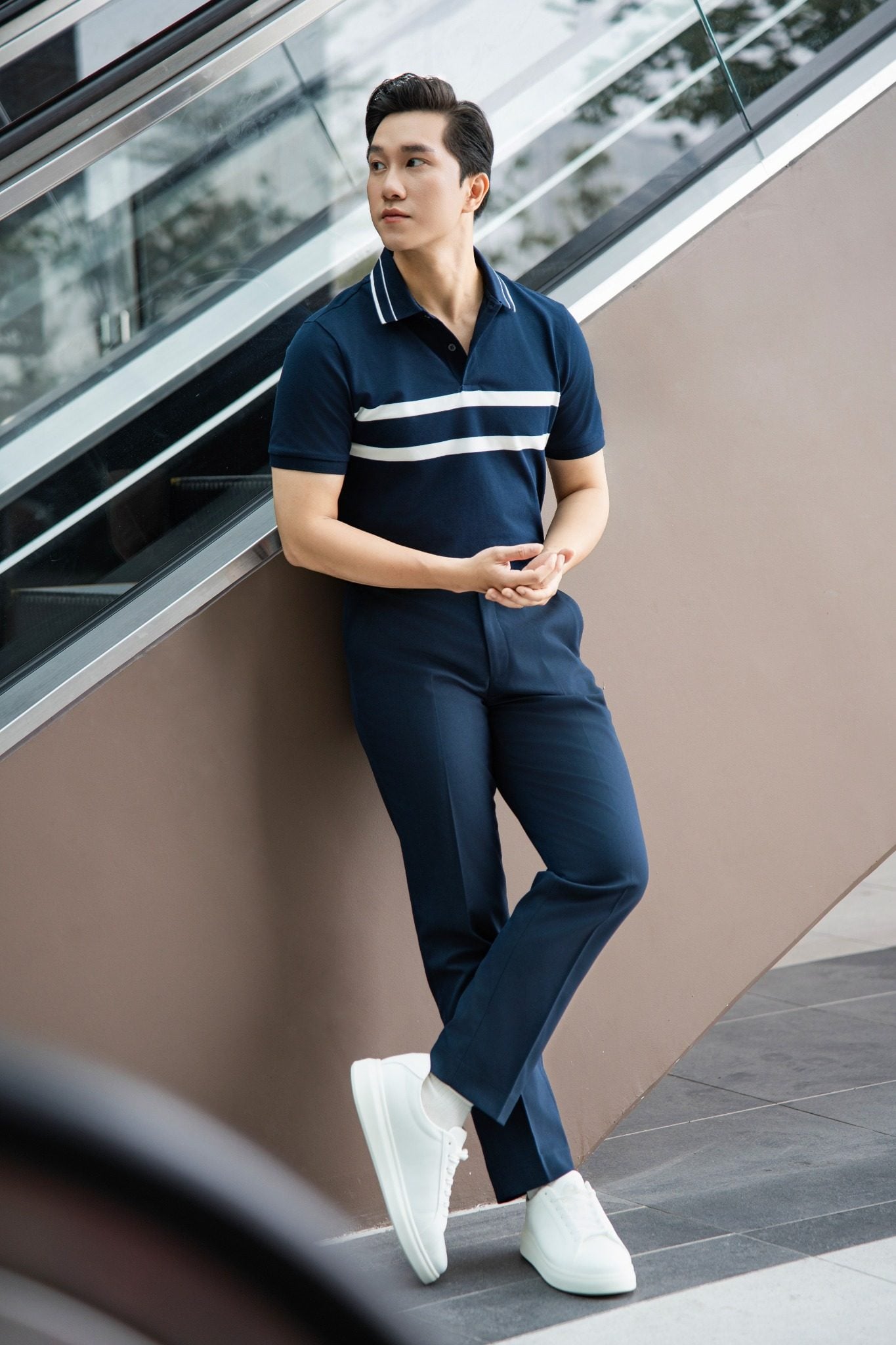 Áo polo nam kẻ bo tay Cotton Solid co giãn GSTP068 - Chi tiết 2
