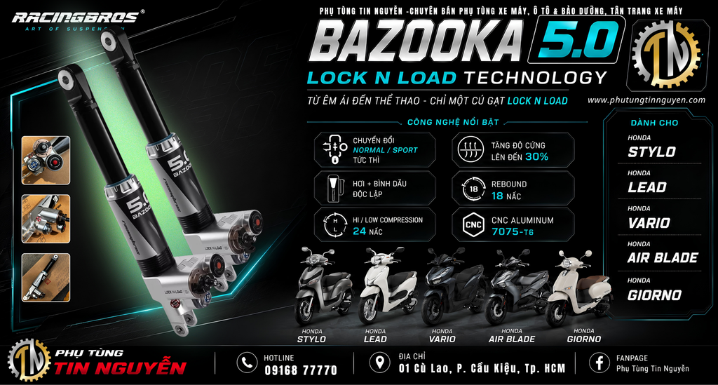 🔥 RACINGBROS BAZOOKA 5.0 – NÂNG CẤP TRẢI NGHIỆM VẬN HÀNH CHO STYLO, LEAD, VARIO, AIR BLADE & GIORNO 🔥