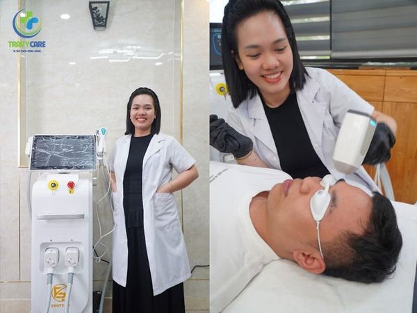 Kỹ thuật viên dùng máy công nghệ cao thực hiện dịch vụ tại một địa chỉ triệt lông mày uy tín của Travycare.