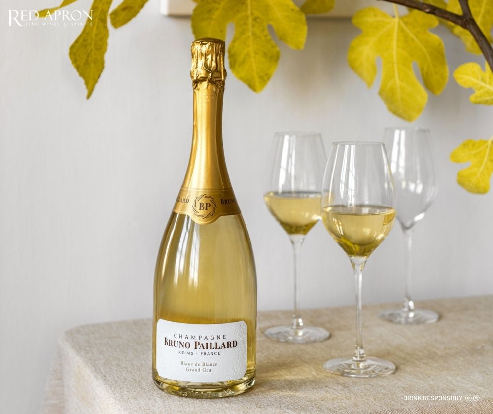 Champagne Bruno Paillard Blanc de Blancs làm từ 100% Chardonnay, phong cách thanh lịch và bọt mịn tinh tế