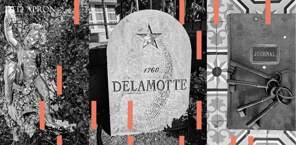 Bia khắc “DELAMOTTE 1760” và vật phẩm cổ điển, nhấn mạnh lịch sử thương hiệu Champagne Delamotte; watermark Red Apron.