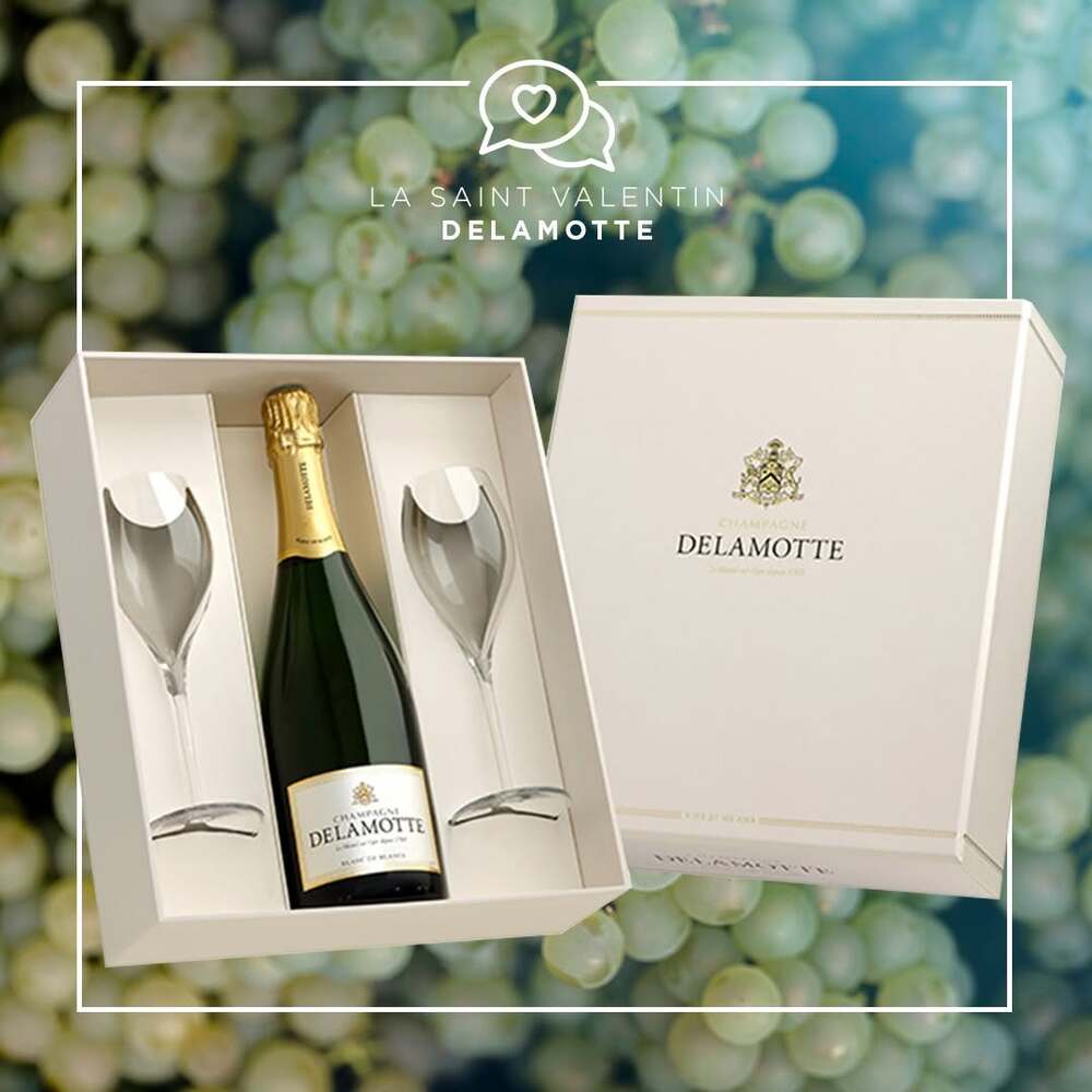 Hộp quà Champagne Delamotte đóng gói trang nhã, phù hợp tặng biếu cho đối tác và dịp đặc biệt.