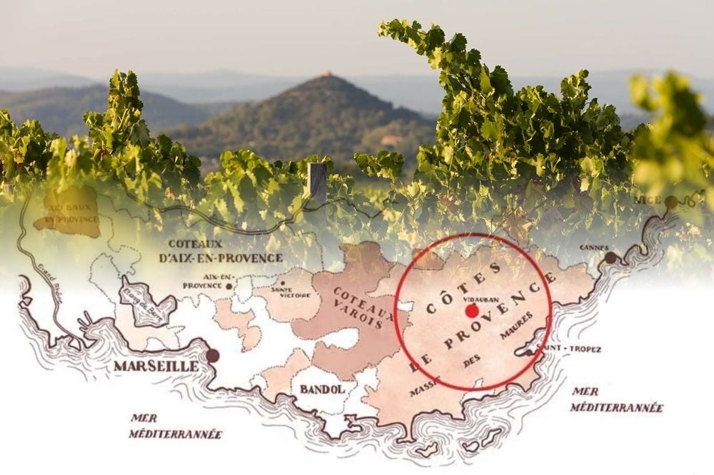 Bản đồ vùng Vidauban và Massif des Maures nơi đặt vườn nho Chateau Cavalier