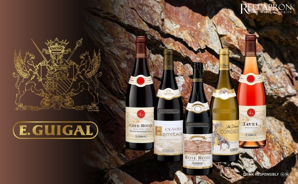 Tuyển tập các chai rượu vang E Guigal gồm Côtes du Rhône, Hermitage, Condrieu và Côte-Rôtie được phân phối tại Red Apron Việt Nam