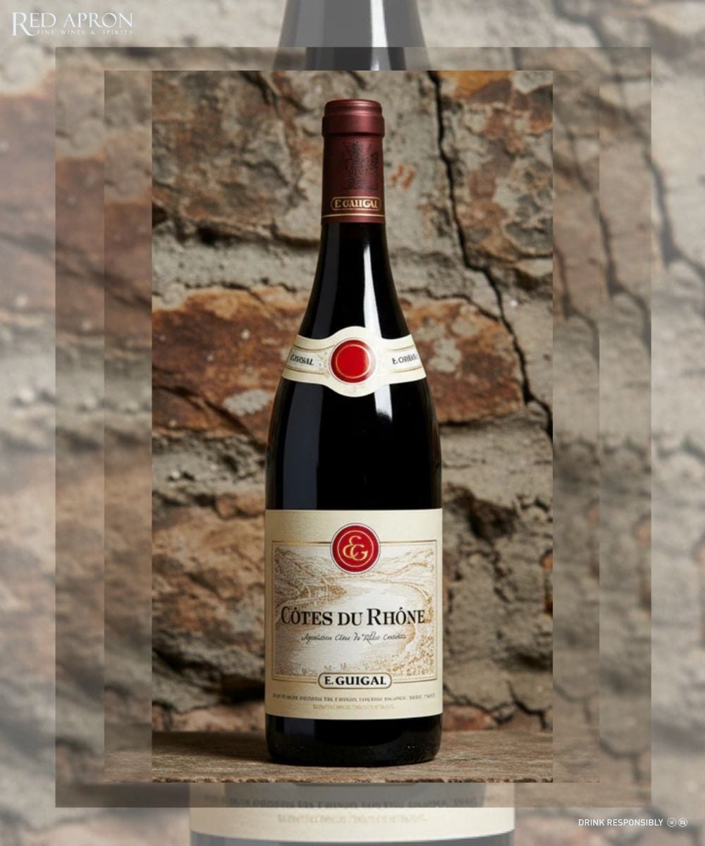 Chai rượu vang đỏ Guigal Côtes Rôtie đặt trước nền đá tự nhiên vùng Rhône