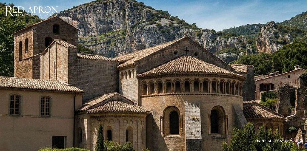 Tu viện đá cổ nằm dưới triền núi ở Languedoc Roussillon, đại diện cho các công trình tôn giáo từng phát triển nghề trồng nho và làm rượu vang.