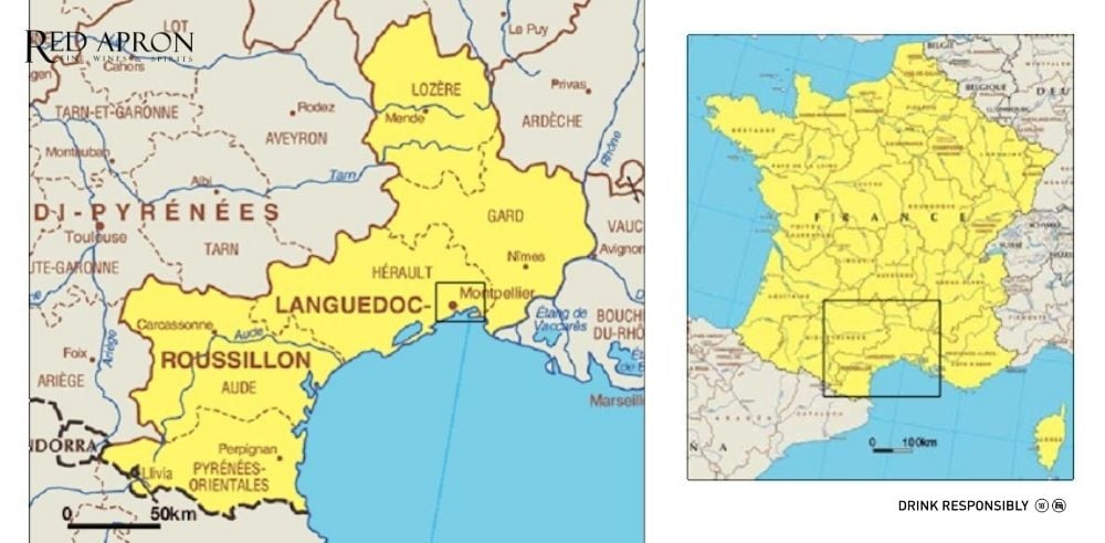 Bản đồ vùng rượu vang Languedoc Roussillon tại miền Nam nước Pháp, nổi bật trong tổng thể bản đồ nước Pháp.