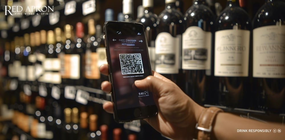 Người dùng quét QR code trên nhãn rượu bằng smartphone để kiểm tra xuất xứ và tính chính hãng.