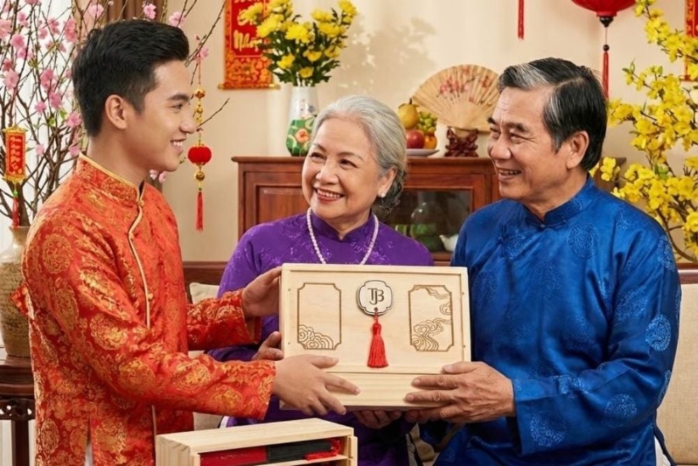 Hình ảnh ông bà nhận quà Tết ý nghĩa từ con cháu
