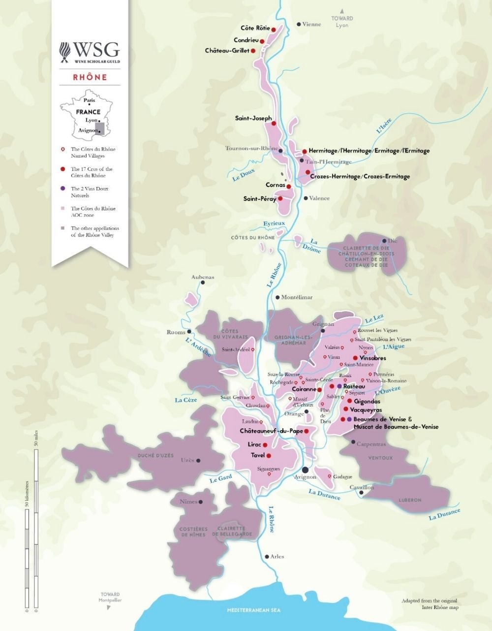 Bản đồ vùng rượu vang Rhone Valley tại Pháp với hai khu vực chính Northern Rhône và Southern Rhône