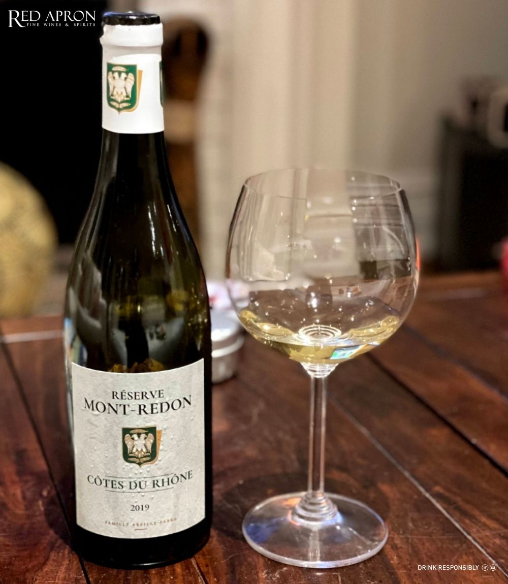 Chai rượu vang trắng Reserve Mont Redon Côtes du Rhône White từ Rhone Valley với blend Roussanne và Viognier