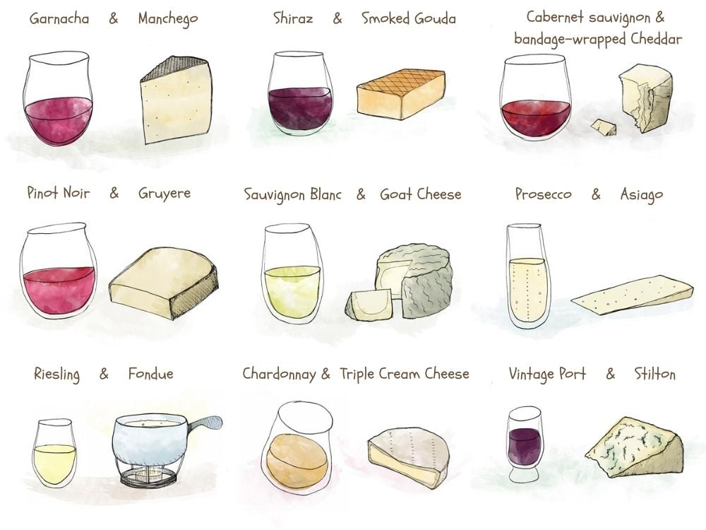 Minh họa pairing phô mai tươi với vang trắng và phô mai đậm với vang đỏ cấu trúc mạnh