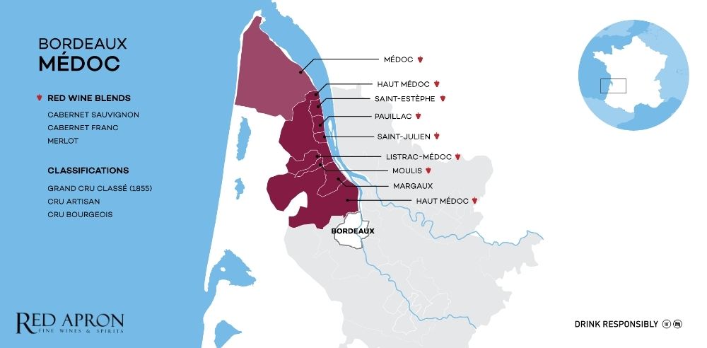 Bản đồ vùng Bordeaux hiển thị Saint Estephe thuộc Médoc, gần sông Gironde và đặc điểm địa chất sỏi, sét.