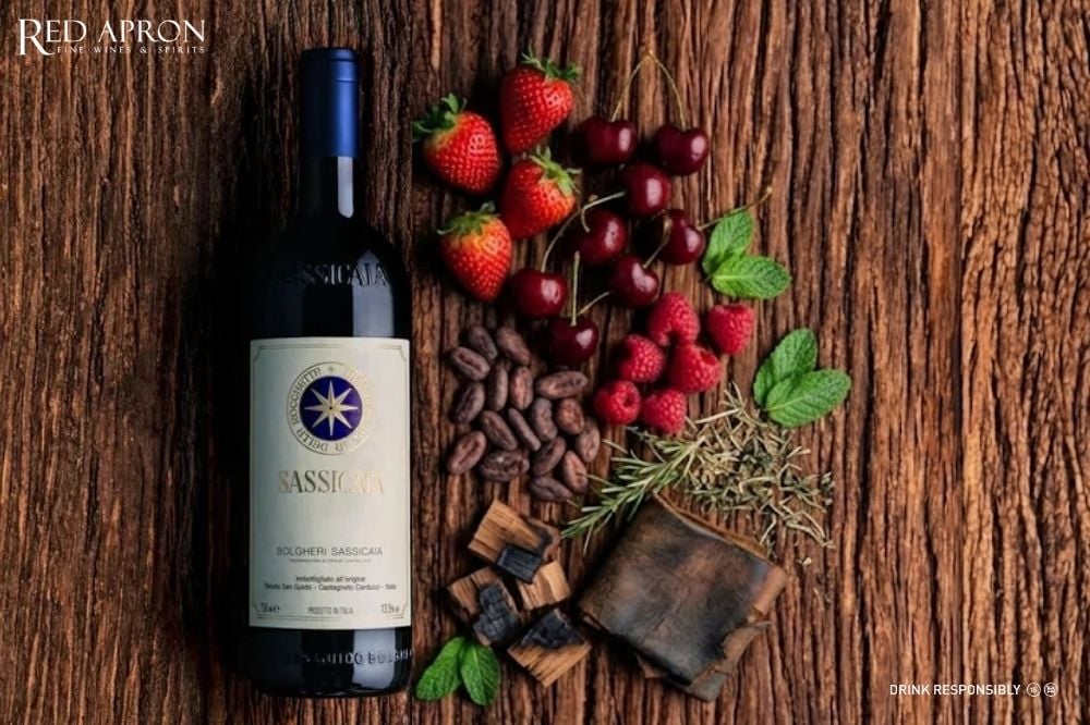 Ly rượu vang Sassicaia sau khi decant với màu ruby đậm đặc trưng