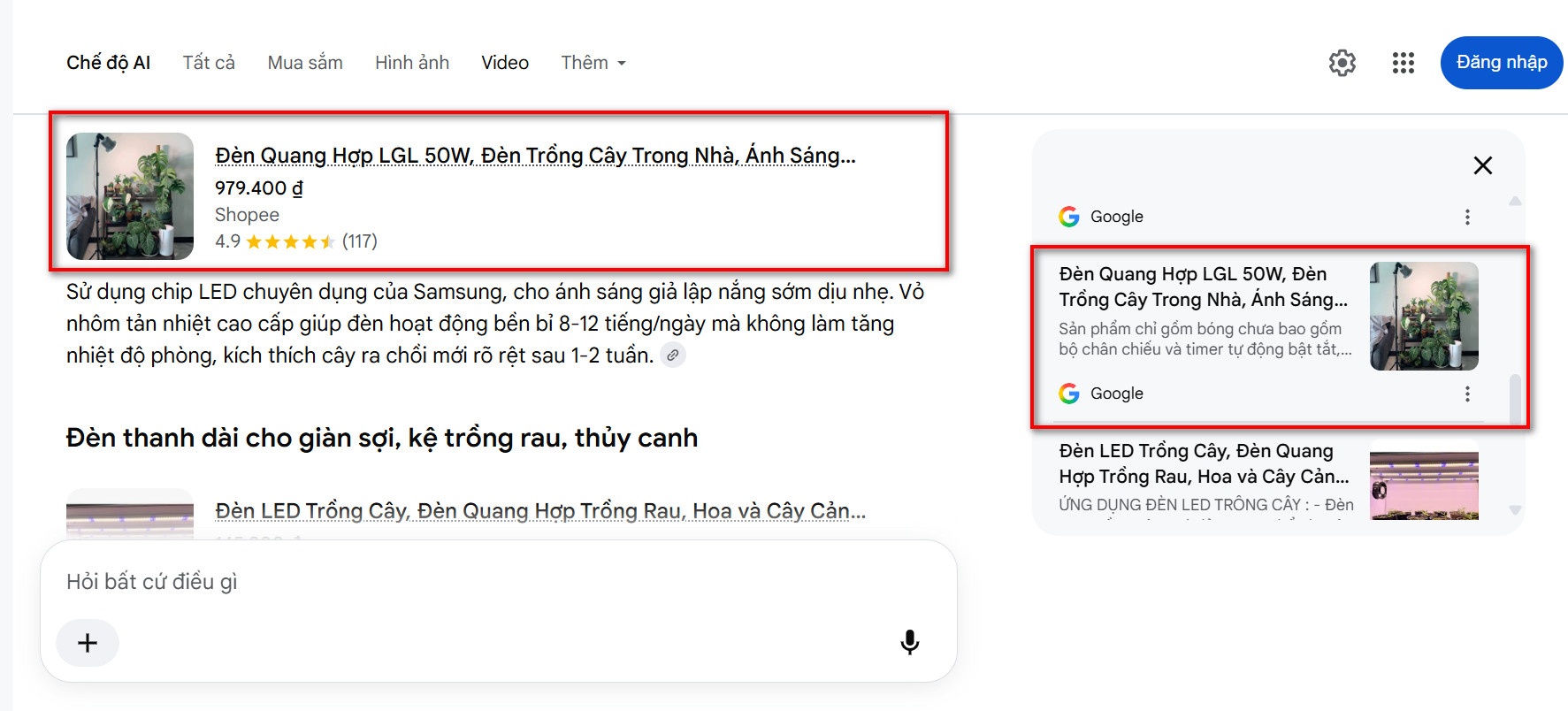 AI tổng hợp và đề xuất sản phẩm đèn trồng cây LGL trên kết quả tìm kiếm