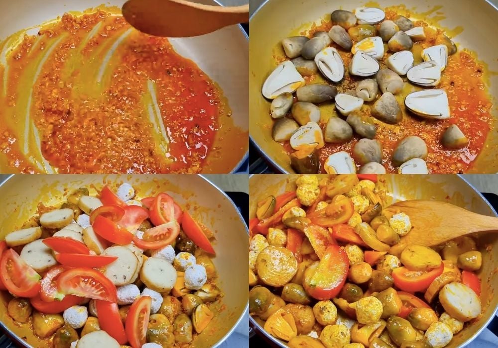 Xào nấm, chả và cà chua