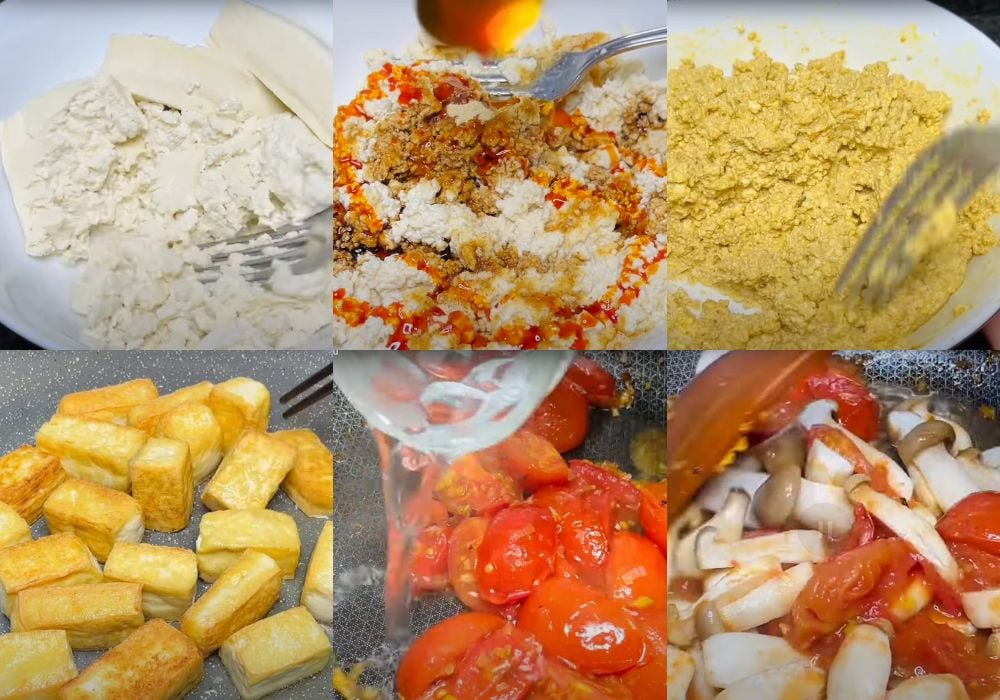 Làm riêu chay và xào sơ nguyên liệu