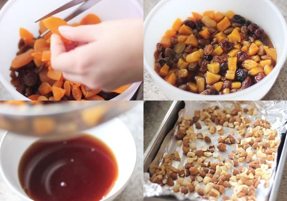 Ngâm hoa quả khô và nướng hạt khô