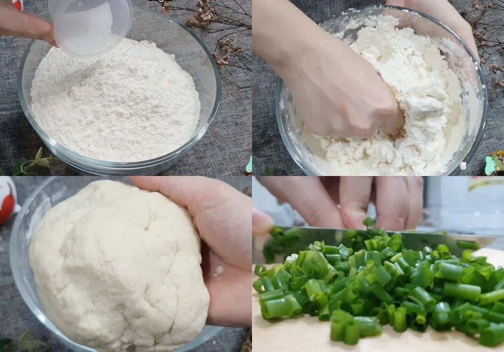 Sơ chế hành lá và trộn bột