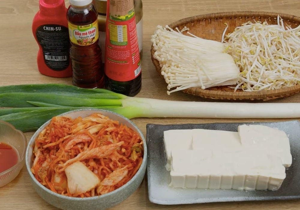 Chuẩn bị nguyên liệu làm canh kim chi đậu phụ chay