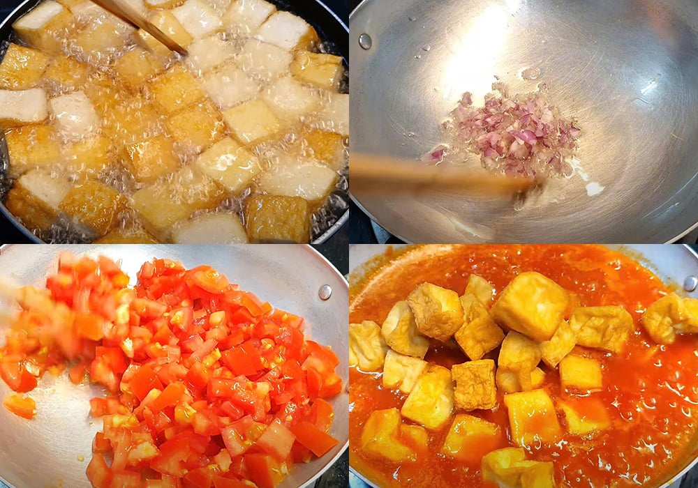 Các bước làm đậu hũ sốt cà chua chay