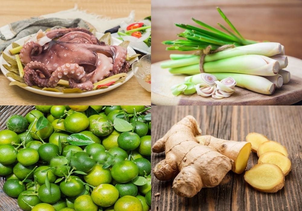 Nguyên liệu làm gỏi bạch tuộc kiểu Thái với tắc gừng