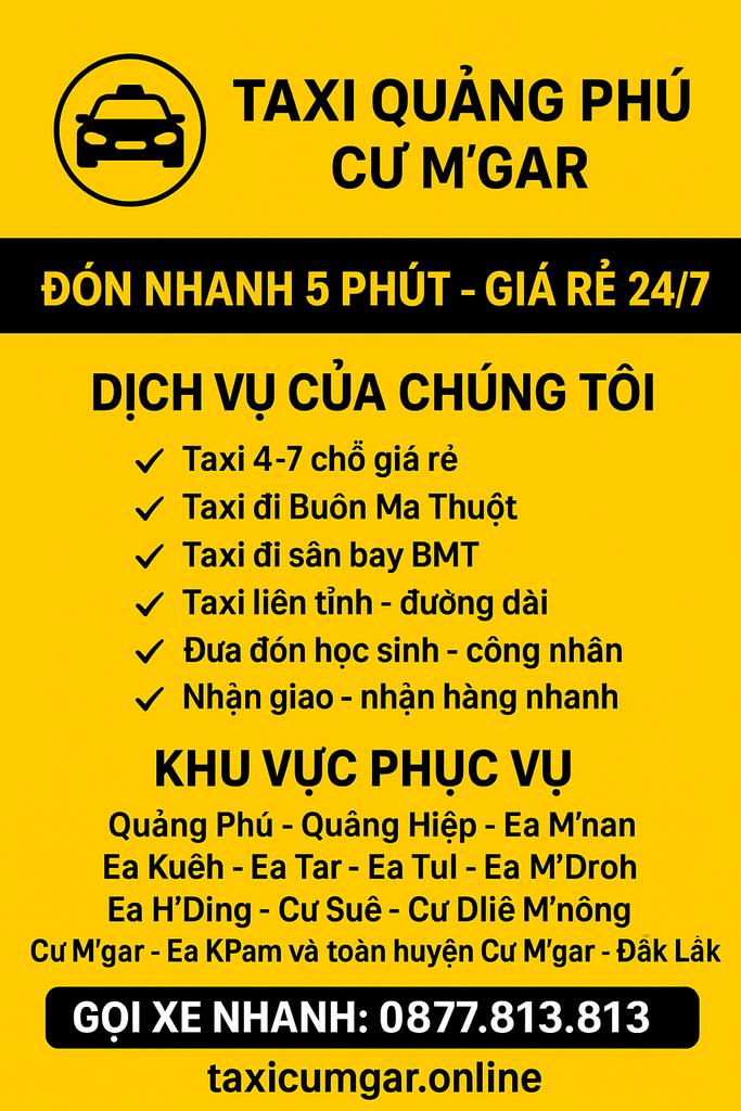 🚖 Taxi Quảng Phú – Tổng Đài 0877.813.813 | Xe 4–7 Chỗ Giá Rẻ – Đón Nhanh 24/7