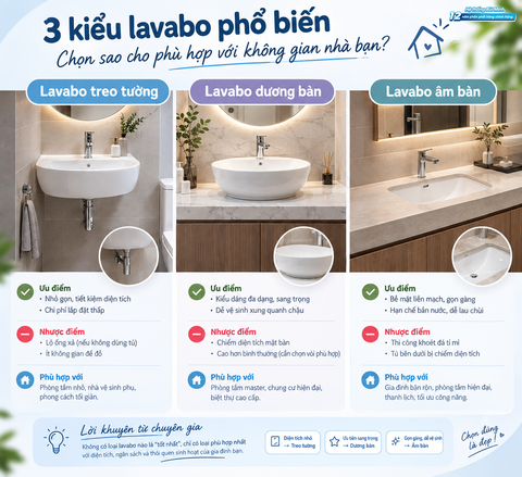So sánh Lavabo Treo Tường, Dương Bàn và Âm Bàn: Loại nào tốt nhất?