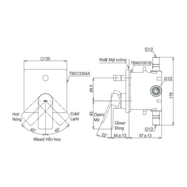 Van gật gù điều chỉnh nóng lạnh kèm phụ kiện âm tường TOTO TBG13304A/TBN01001B - Bùi Minh
