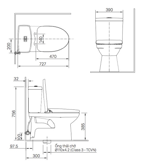 Bản vẽ bàn cầu 2 khối nắp rửa cơ INAX C-504A+CW-S32VN