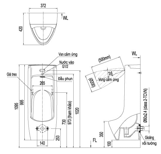 Bản vẽ bồn tiểu Inax ASU-500V