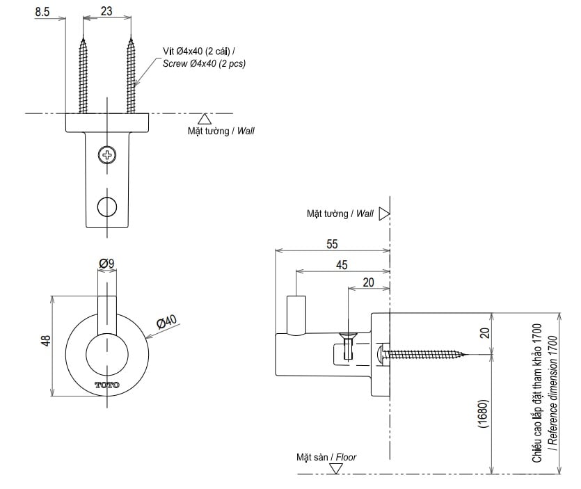 Bản vẽ móc áo Toto YRH406V