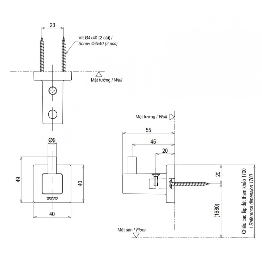 Bản vẽ móc áo Toto YRH408V