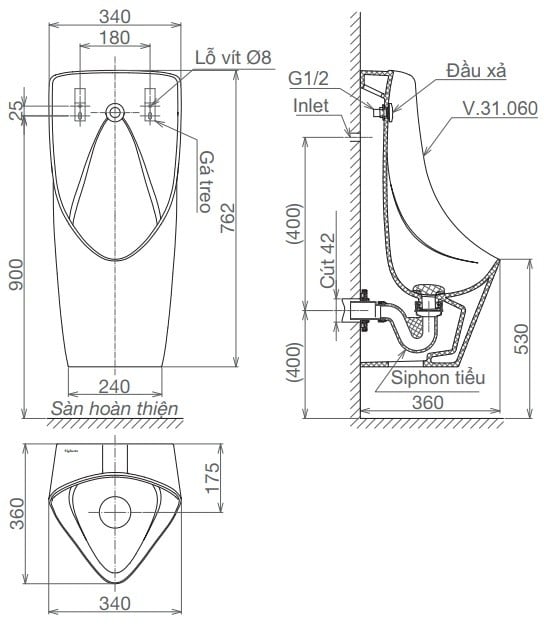 Bản vẽ Tiểu nam Viglacera T6