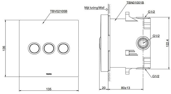Van chuyển hướng kèm phụ kiện âm tường TOTO TBV02105B/TBN01001B - Bùi Minh