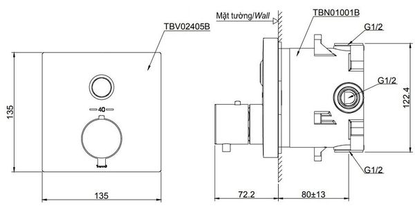 Van điều chỉnh nhiệt độ kèm van dừng và phụ kiện âm tường TOTO TBV02405B/TBN01001B - Bùi Minh
