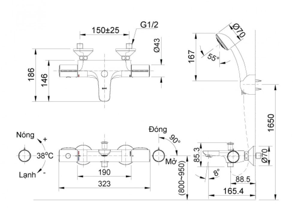Bản vẽ sen tắm nhiệt độ Inax BFV-3413T-8C