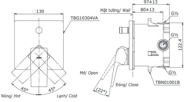 Van gật gù điều chỉnh nóng lạnh GB kèm nút chuyển hướng và phụ kiện âm tường TOTO TBG10304VA/TBN01001B - Bùi Minh