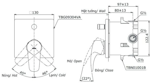 Van gật gù điều chỉnh nóng lạnh GM kèm nút chuyển hướng và phụ kiện âm tường TBG09304VA/TBN01001B - Bùi Minh
