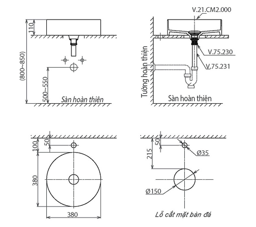 Bản vẽ chậu rửa dương bàn Viglacera Platinum P525 (P.21.150)