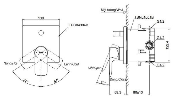 Van gật gù điều chỉnh nóng lạnh kèm phụ kiện âm tường TOTO TBG04303BA/TBN01001B - Bùi Minh
