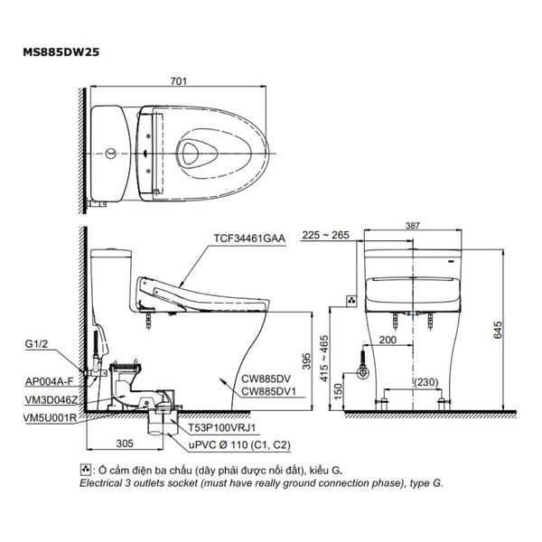 Bàn cầu 1 khối nắp điện tử TOTO MS885DW25 - Bùi Minh