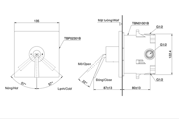 Van gật gù điều chỉnh nóng lạnh TOTO TBP02301BA kèm phụ kiện âm tường TBN01001B - Bùi Minh