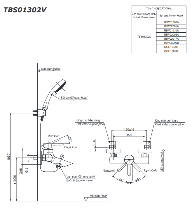 Bản vẽ Bộ sen tắm TOTO TBS01302V/TBW07009A