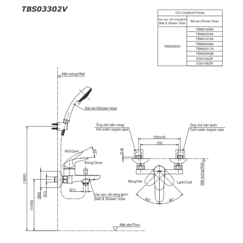 Bản vẽ sen tắm nóng lạnh Toto TBS03302V/TBW07009A